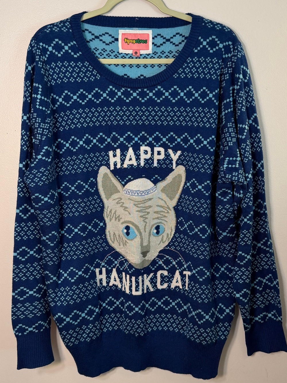 Tipsy Elves Blue Happy Hanukcat sweater men’s XL cat Hanukkah ugly sweater EUC